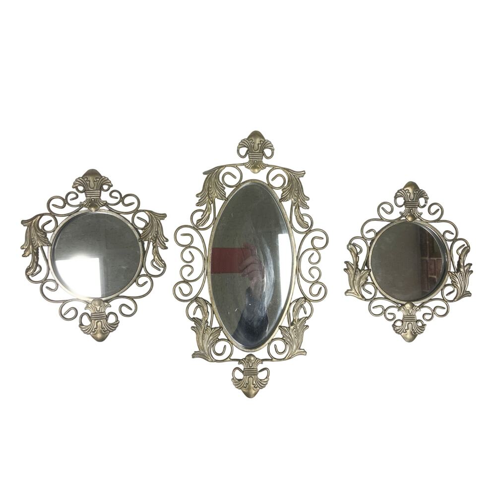 Vintage Set of 3 Silver Metal Home Interior Wall Mirrors